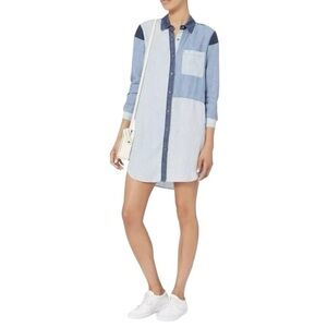 Rails Patchwork Denim Linen Blend Mini Shirt Dress Size XS Blue Two Tone